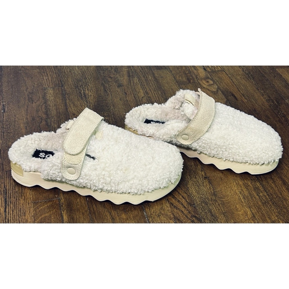 SOREL Viibe Faux Shearling Clogs cozy cream fleece upper Adjustable Strap 7.5 - Picture 2 of 8